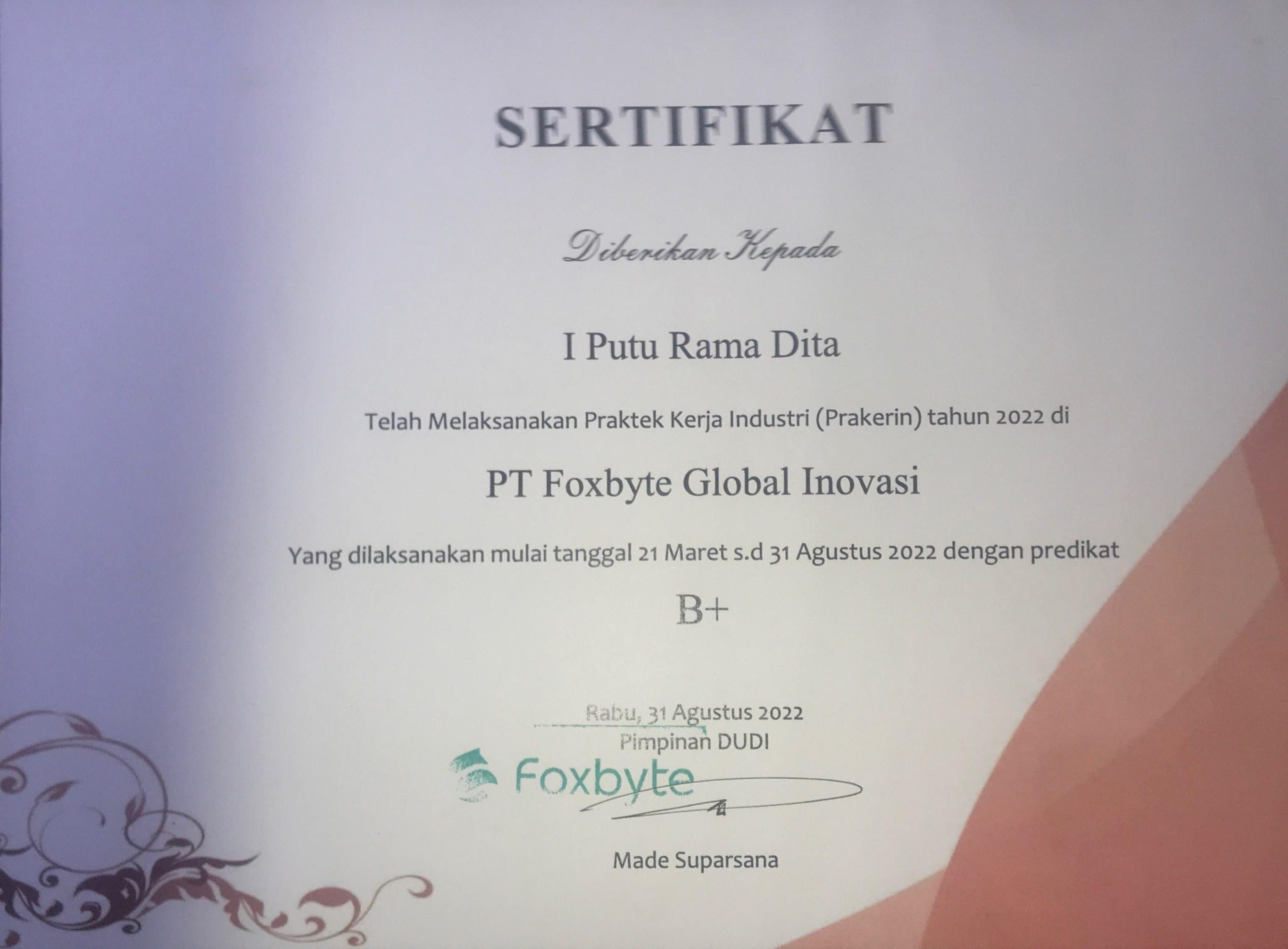 Internship Certificate PT Foxbyte Global Inovasi